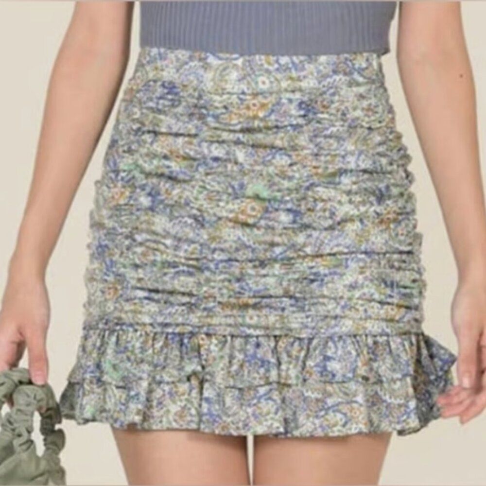 Zara Ruched‎ Ruffle Paisley Floral Satin Mini Skirt Women's Medium Coquette NWT